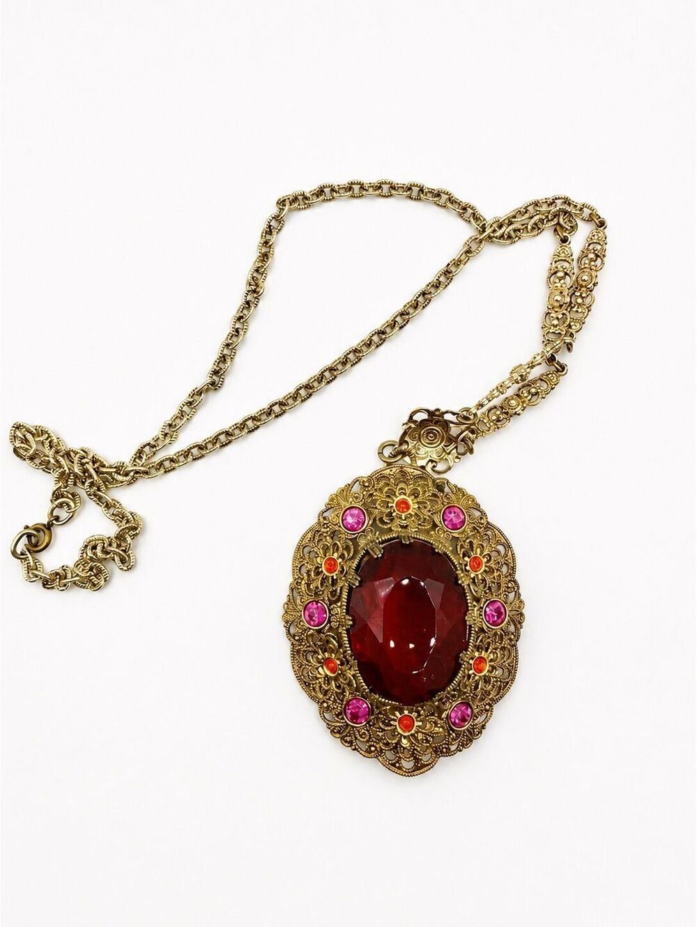 10. Vintage German Red Glass Filigree Pendant Necklace